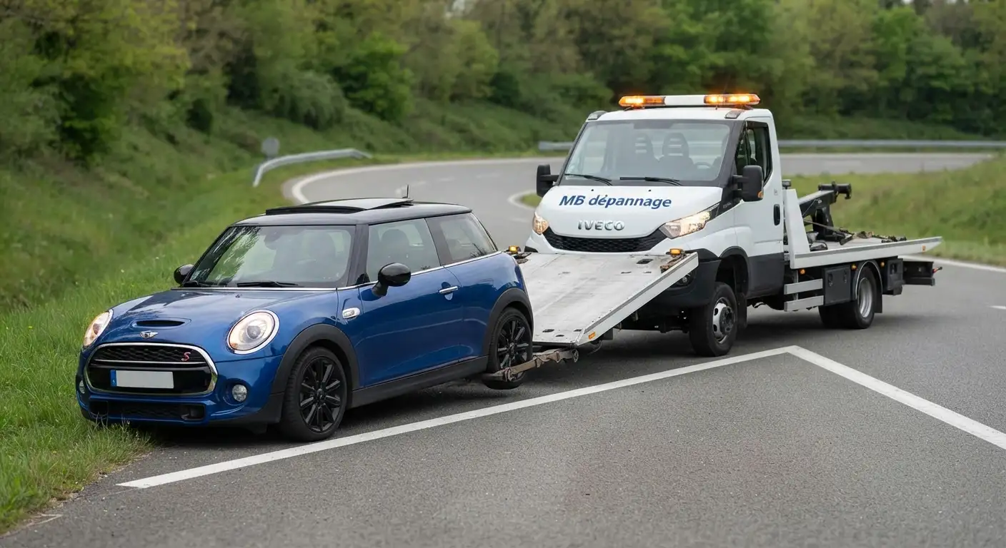 Voiture arrêtée sur le bas-côté, dépanneuse MB Dépannage stationnée derrière