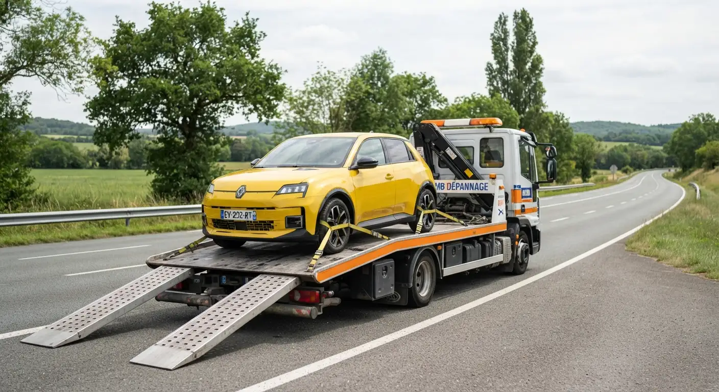 Voiture jaune sanglée sur le plateau d'une dépanneuse MB Dépannage