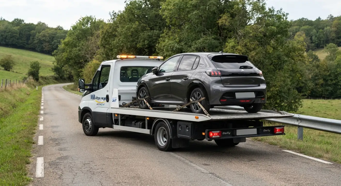 Voiture sanglée sur le plateau d'une dépanneuse sur une route de campagne